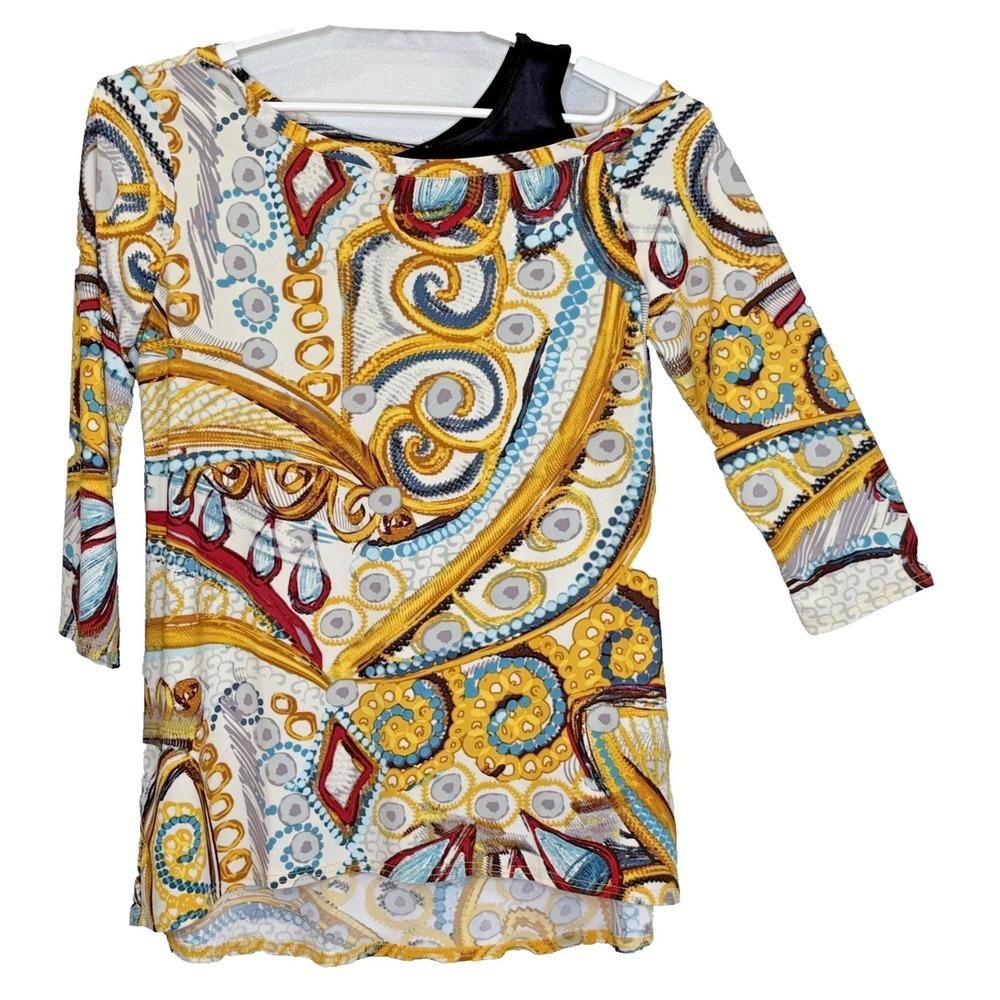 Attitudes by Renee Como Jersey Asymmetric Neckline Tunic Top Medium Yellow Print